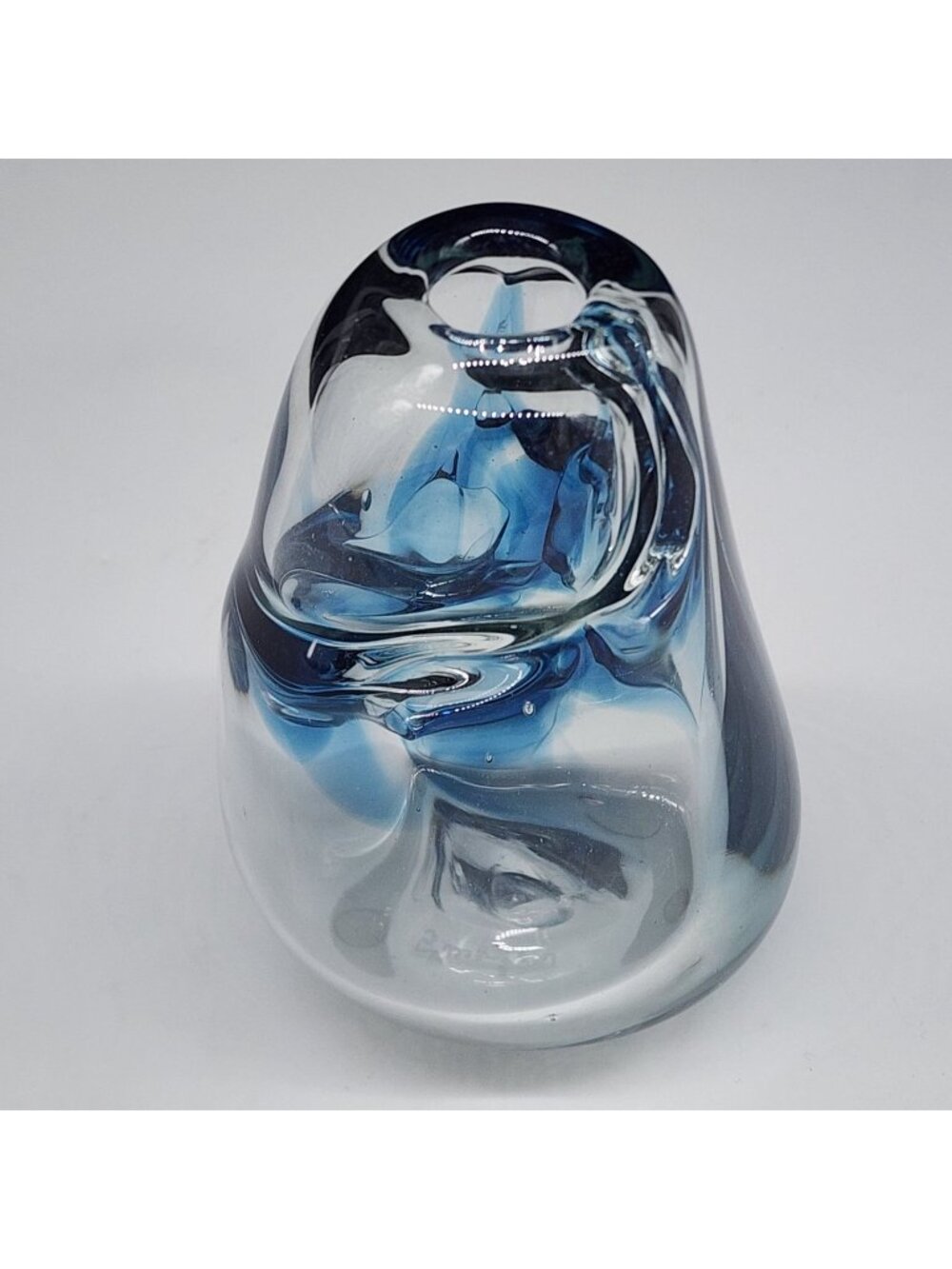 Signed Handblown Glass Paperweight Vase Swirling Blue Brutalist Abstract 5.5"